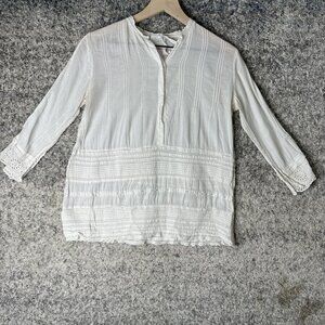 Johnny Was Shirt Womens XS White Boho Peasant 3/4 Sleeve Lace Trim Tunic Crochet
